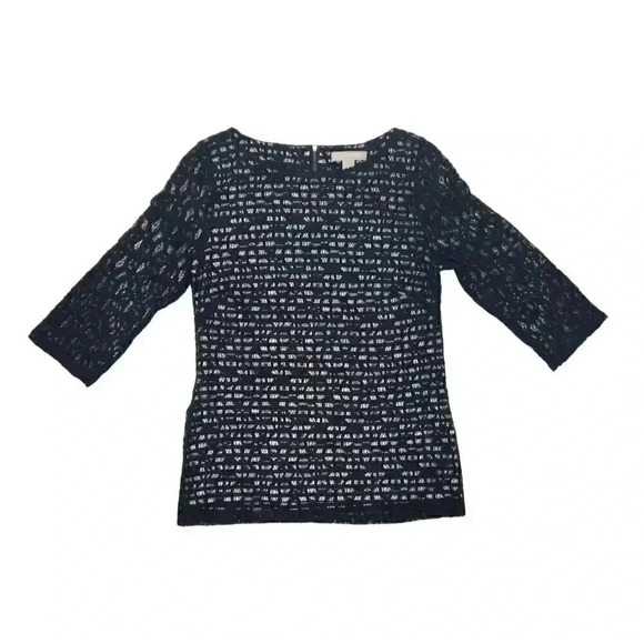 Banana Republic Tops - Banana Republic Black Lace Stripe Blouse Size 6 3/4 Sleeve Back Zip
